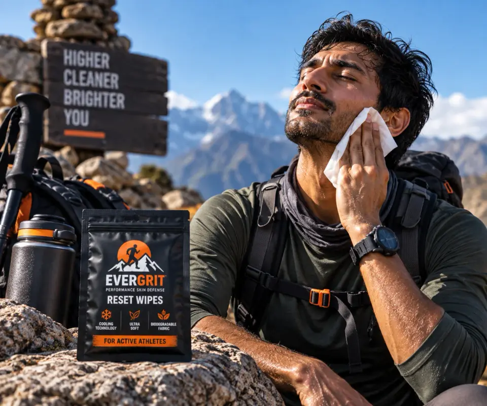 Man trekker on a summit wiping his face with a Reset Wipe beside an EVERGRIT pouch